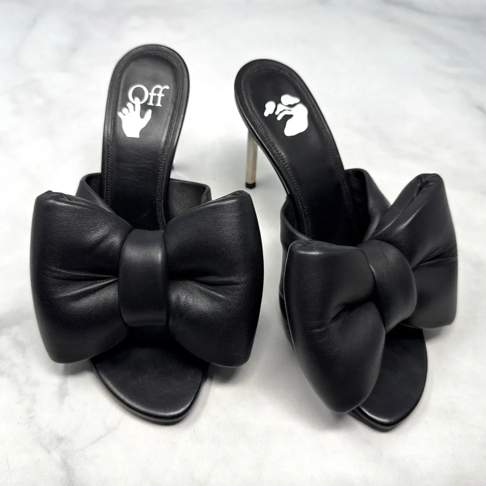 OFF-WHITE Leather Oversized Padded Bow Allen Wrench Mule Sandal Heels Black 36